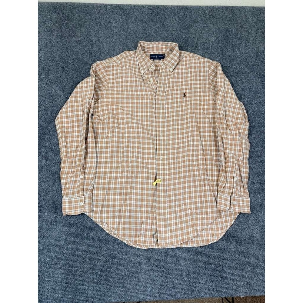 Ralph Lauren Button Down Shirt Brown White Plaid‎ Cotton Long Sleeve Size Large